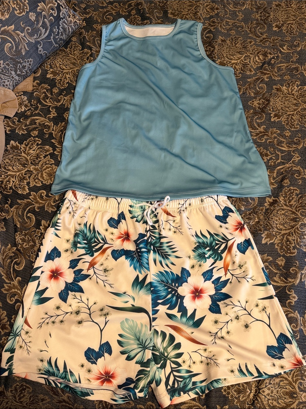 SHEIN Light Blue Tank and Cream Tropical Floral Sleep Short Set